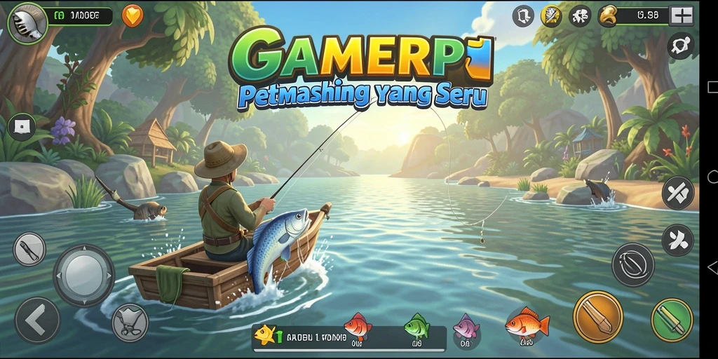 Gameplay GAMERP menunjukkan momen seru saat memancing.