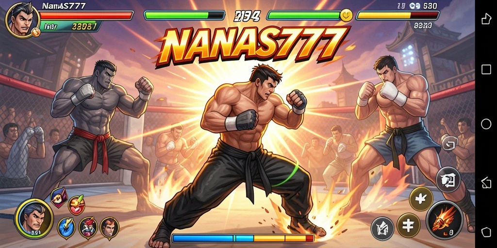 Screenshot NANAS777 memperlihatkan aksi pertarungan yang intens dan karakter yang dinamis.