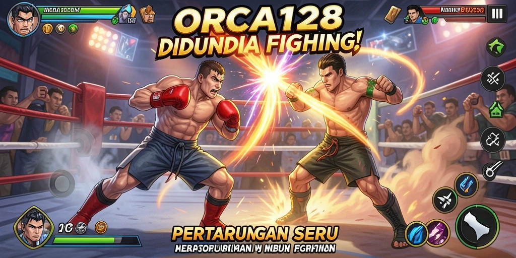 Screenshot gameplay ORCA128 menampilkan aksi pertarungan seru.