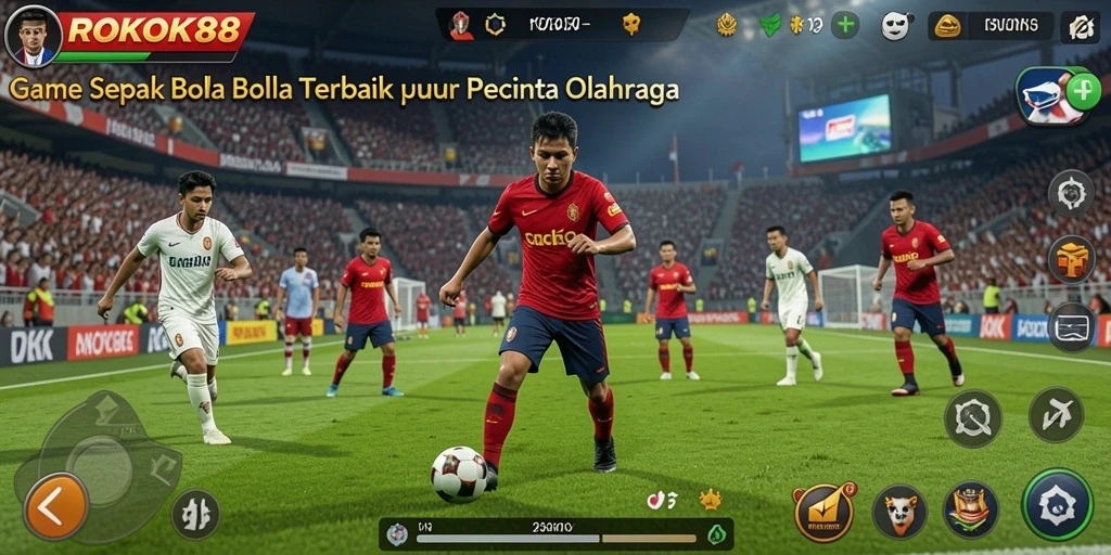 Tangkapan layar dari ROKOK88 menampilkan aksi seru di lapangan sepak bola.