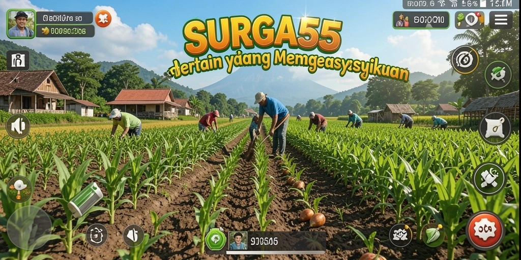 Gameplay SURGA55 yang menampilkan proses bertani yang interaktif.
